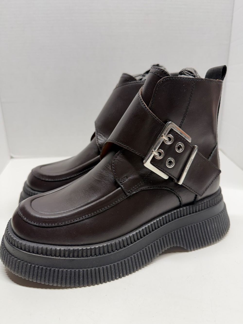 Ganni Monk Strap Chunky Creeper‎ Platform Ankle Boots Leather Boot Size 37 / 7